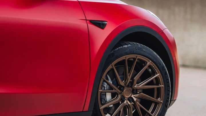Red Tesla Model Y - Vossen HF-4T Wheels in Satin Bronze