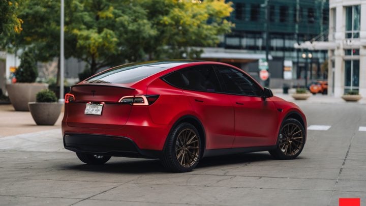 Red Tesla Model Y - Vossen HF-4T Wheels in Satin Bronze