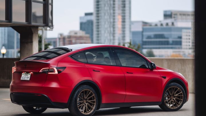 Red Tesla Model Y - Vossen HF-4T Wheels in Satin Bronze