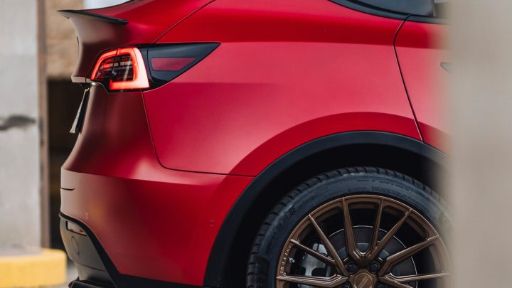 Red Tesla Model Y - Vossen HF-4T Wheels in Satin Bronze