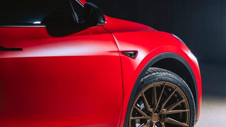 Red Tesla Model Y - Vossen HF-4T Wheels in Satin Bronze