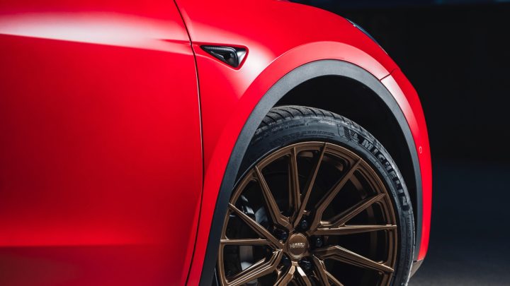 Red Tesla Model Y - Vossen HF-4T Wheels in Satin Bronze