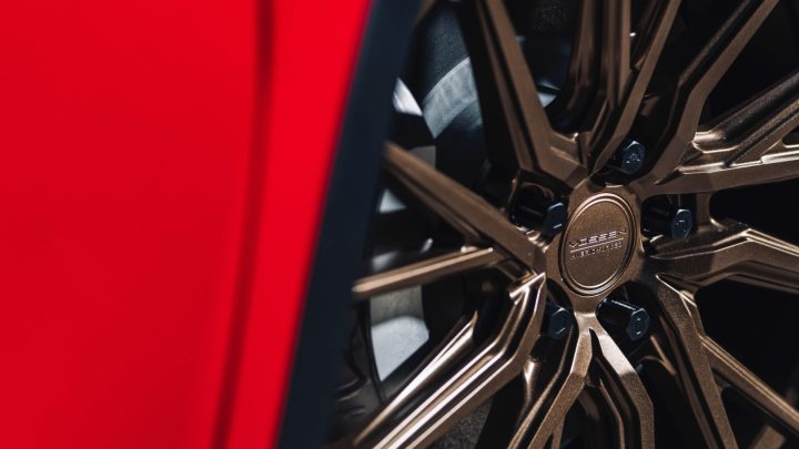 Red Tesla Model Y - Vossen HF-4T Wheels in Satin Bronze