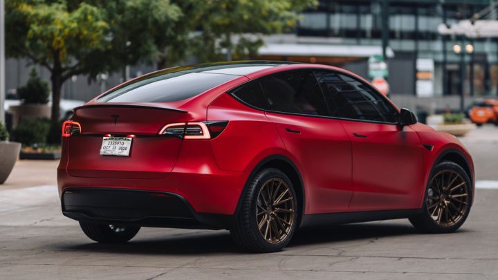 Red Tesla Model Y - Vossen HF-4T Wheels in Satin Bronze