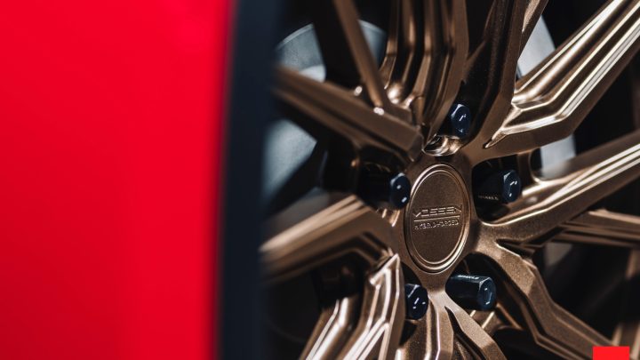 Red Tesla Model Y - Vossen HF-4T Wheels in Satin Bronze