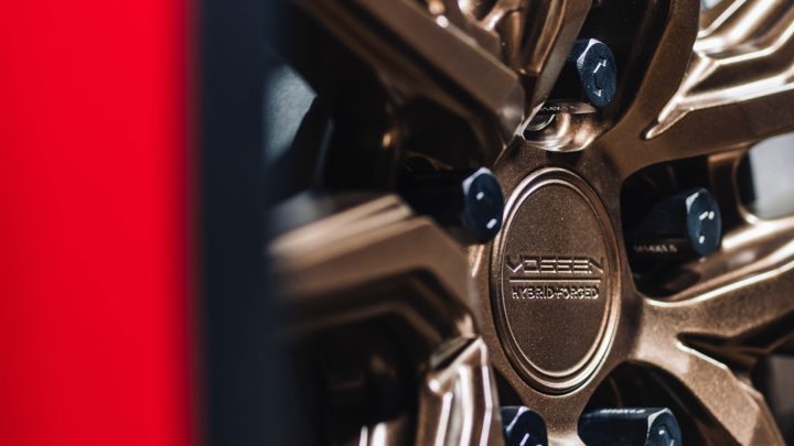 Red Tesla Model Y - Vossen HF-4T Wheels in Satin Bronze