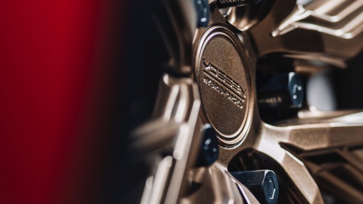 Red Tesla Model Y - Vossen HF-4T Wheels in Satin Bronze