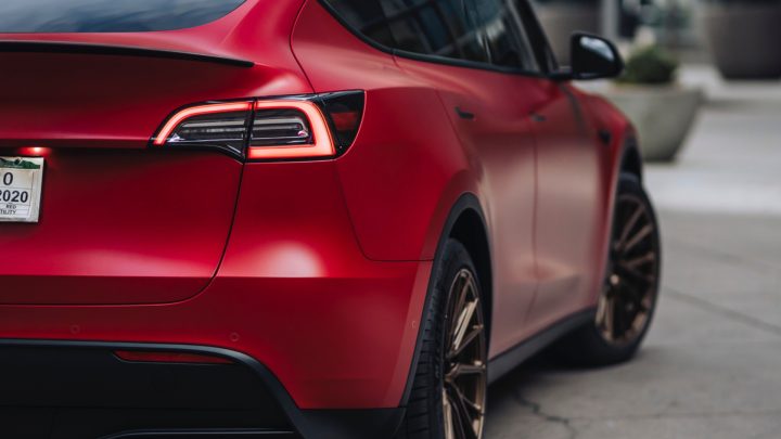 Red Tesla Model Y - Vossen HF-4T Wheels in Satin Bronze