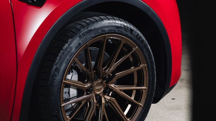 Red Tesla Model Y - Vossen HF-4T Wheels in Satin Bronze
