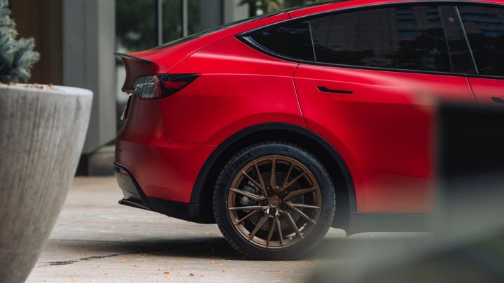 Red Tesla Model Y - Vossen HF-4T Wheels in Satin Bronze