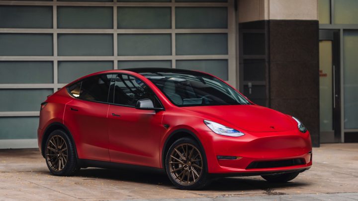 Red Tesla Model Y - Vossen HF-4T Wheels in Satin Bronze