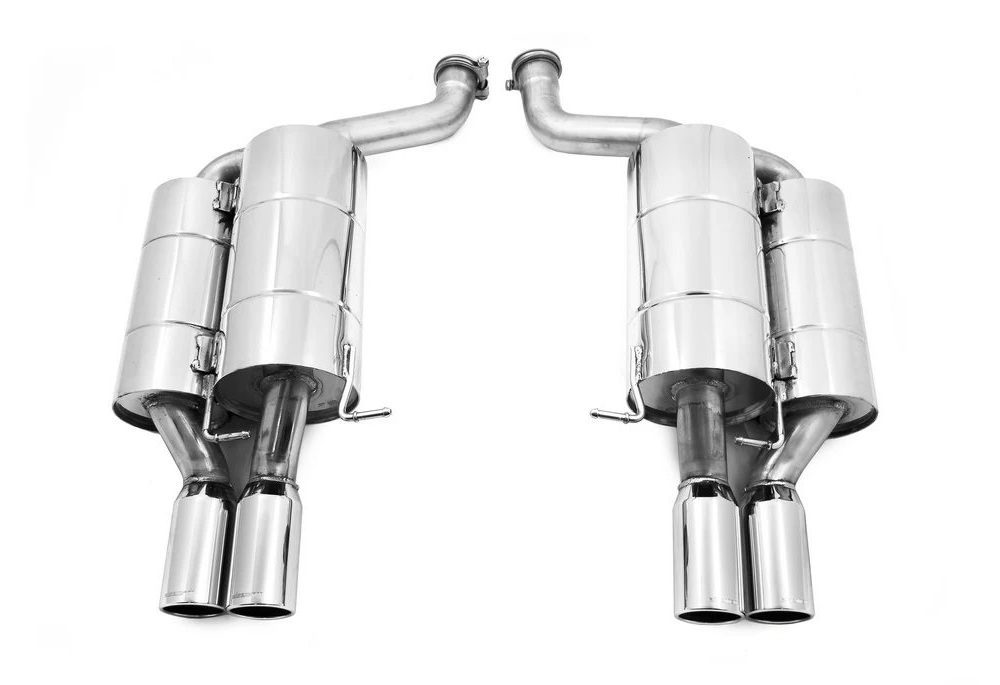 Eisenmann Sport Rear Mufflers for E60 BMW M5 with Round Tips - Upper Front View of Mufflers