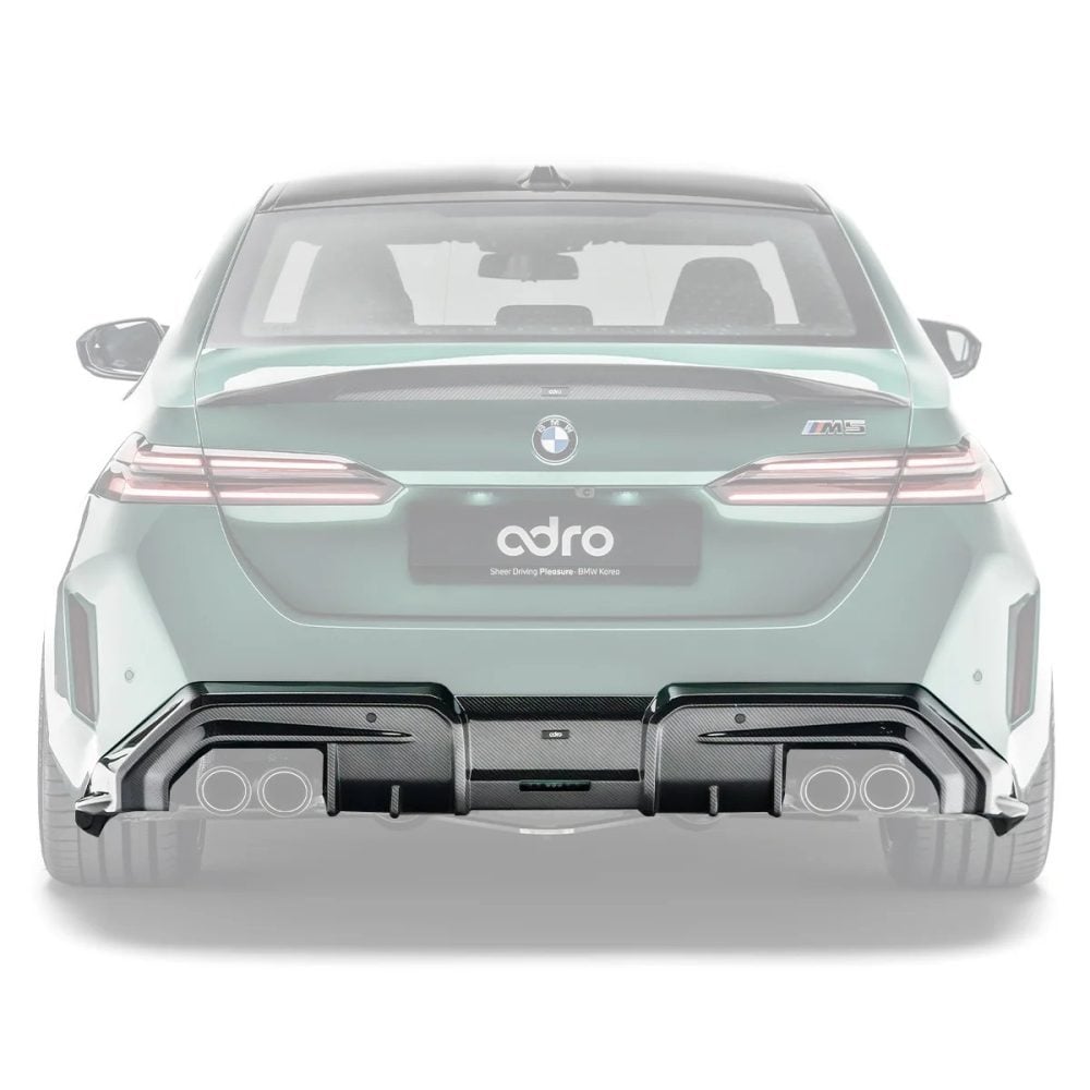 ADRO Carbon Rear Diffuser for G90 BMW M5 Installed on Green M5 & Part Highlighted - Rear View of Car