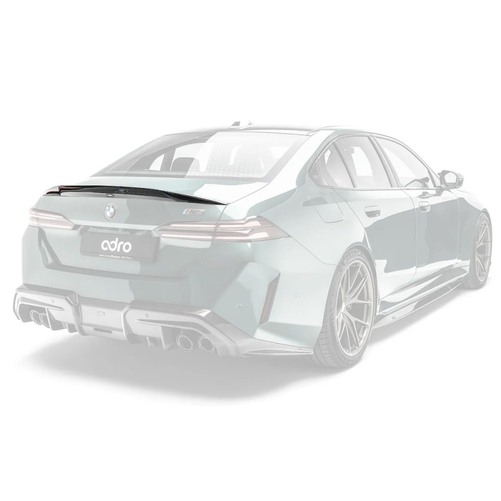 ADRO Carbon Trunk Spoiler for G90 BMW M5 Installed on Green M5 & Part Highlighted - Rear-Side View of Car