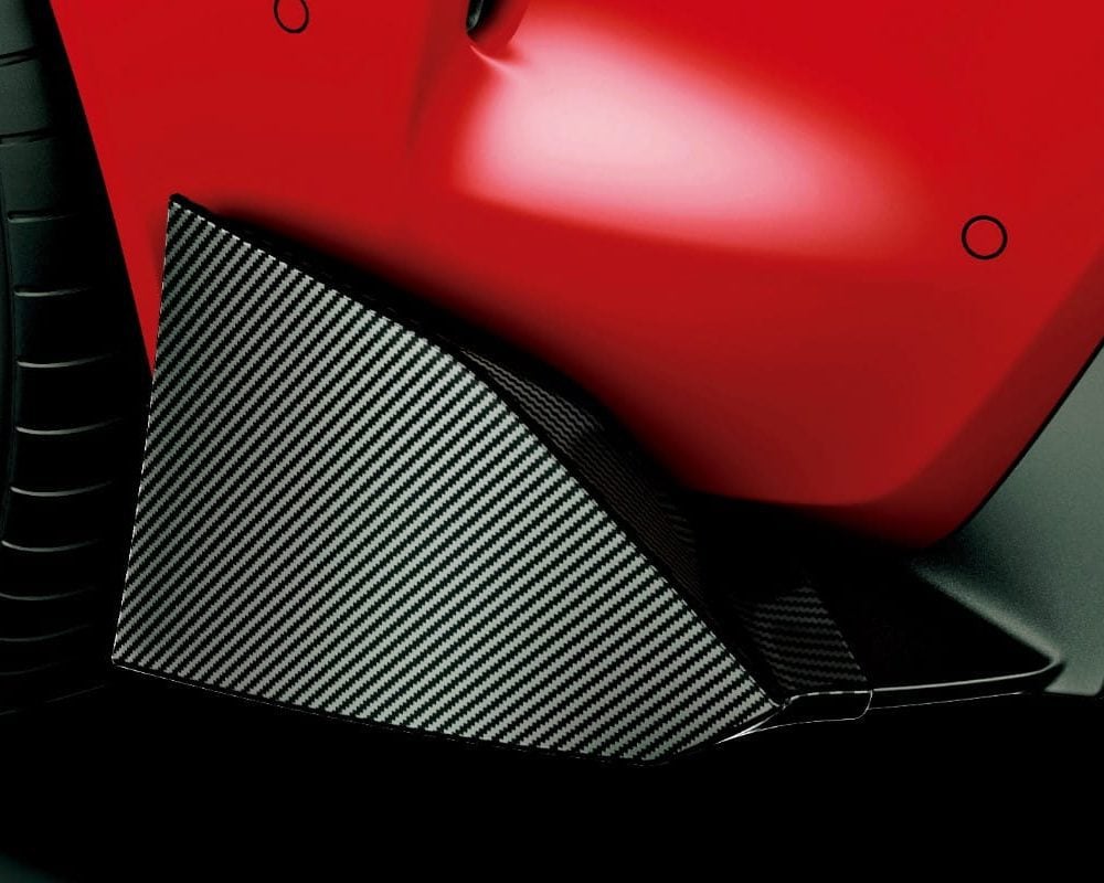 Toyota Gazoo Racing Carbon GR Rear Side Spoilers for A90 / A91 Toyota Supra Installed on Red Supra - Closeup of Rear Side Spoilers
