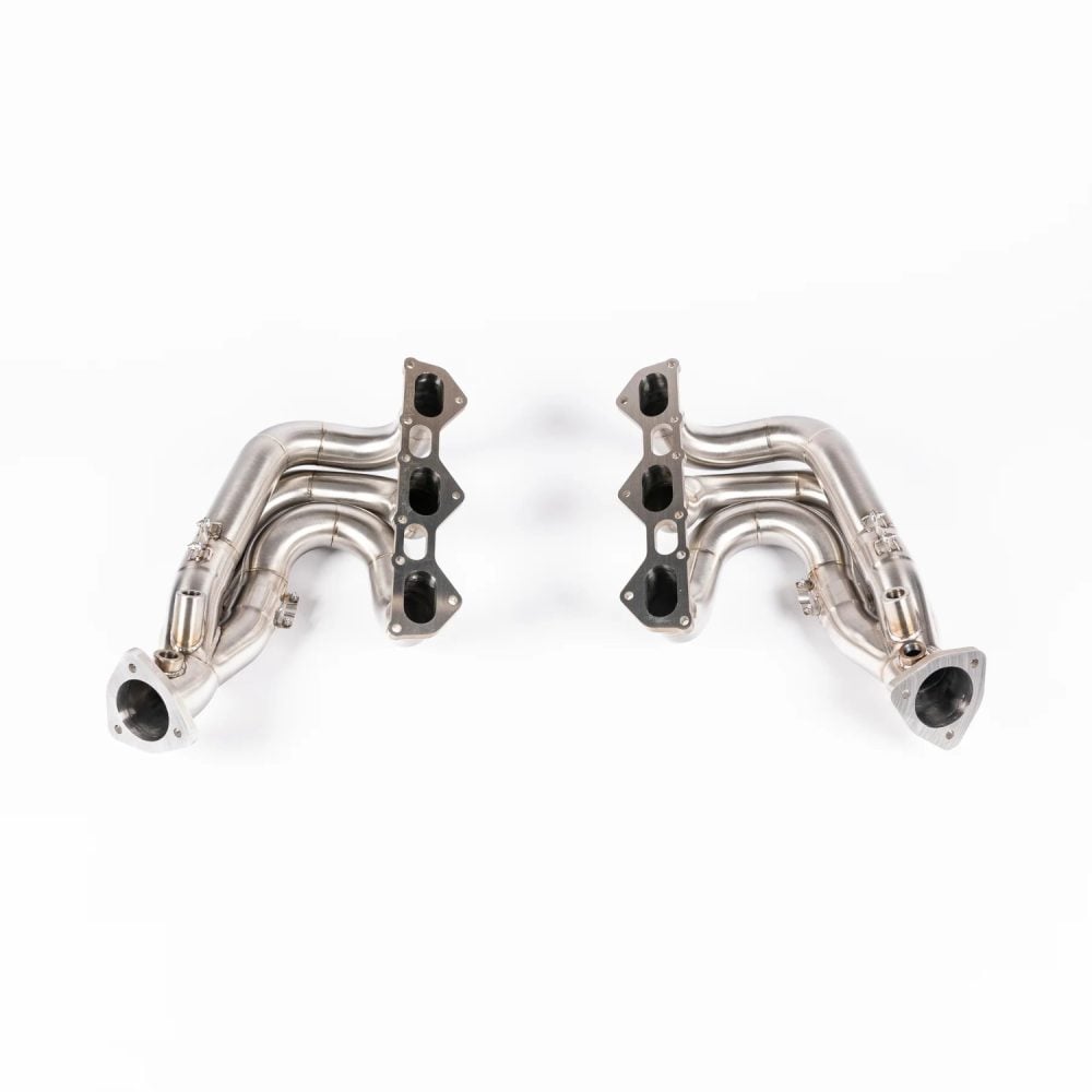 JCR Inconel Race Exhaust Manifolds for 982 Porsche 718 Cayman GT4 and GTS 4.0 / 718 Boxster GTS 4.0 and Spyder - Front View of Manifolds