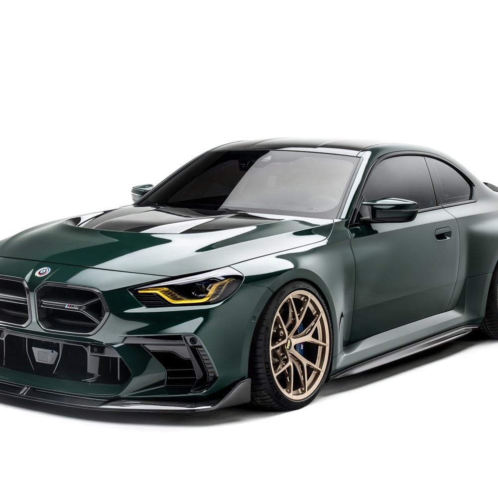 ADRO Carbon V2 Front Lip (for ADRO facelift front bumper) for G87 BMW M2 Installed on Green M2 - Front-side View of Car