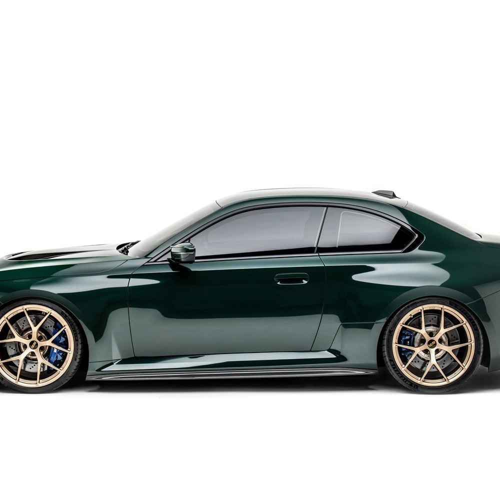 ADRO Carbon V2 Front Lip (for ADRO facelift front bumper) for G87 BMW M2 Installed on Green M2 - Side View of Car