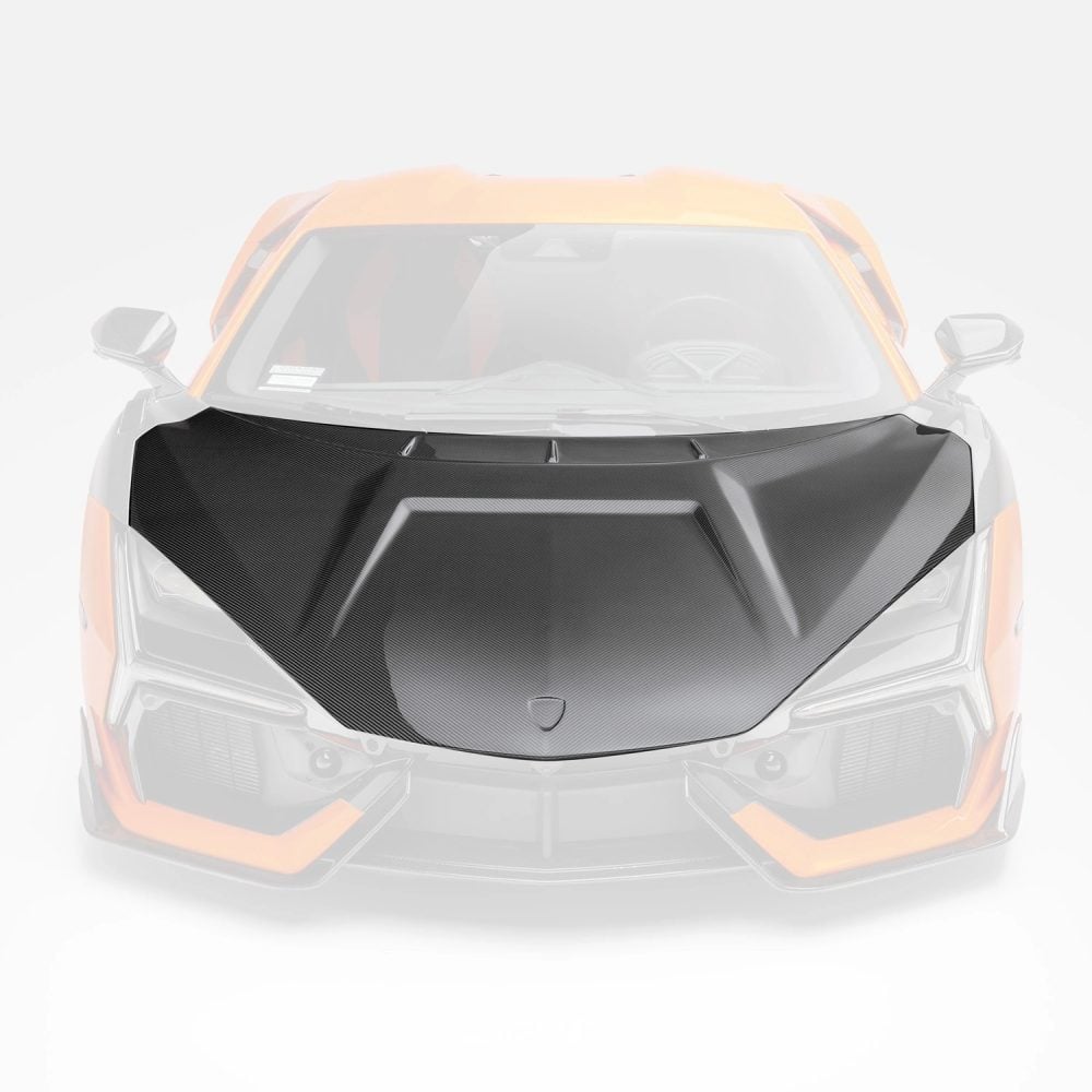 Vorsteiner Glossy Carbon Hood for Lamborghini Revuelto Installed on Orange Revuelto - Hood Highlighted