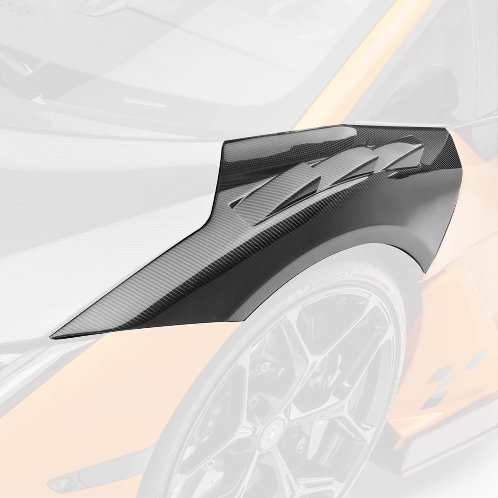 Vorsteiner Glossy Carbon Vented Front Fenders for Lamborghini Revuelto Installed on Orange Revuelto - Fenders Highlighted