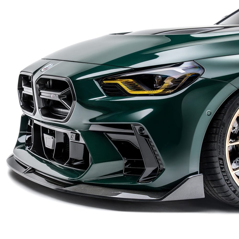 ADRO Carbon V2 Front Lip (for ADRO facelift front bumper) for G87 BMW M2 Installed on Green M2 - Close Front-side View of Front Lip