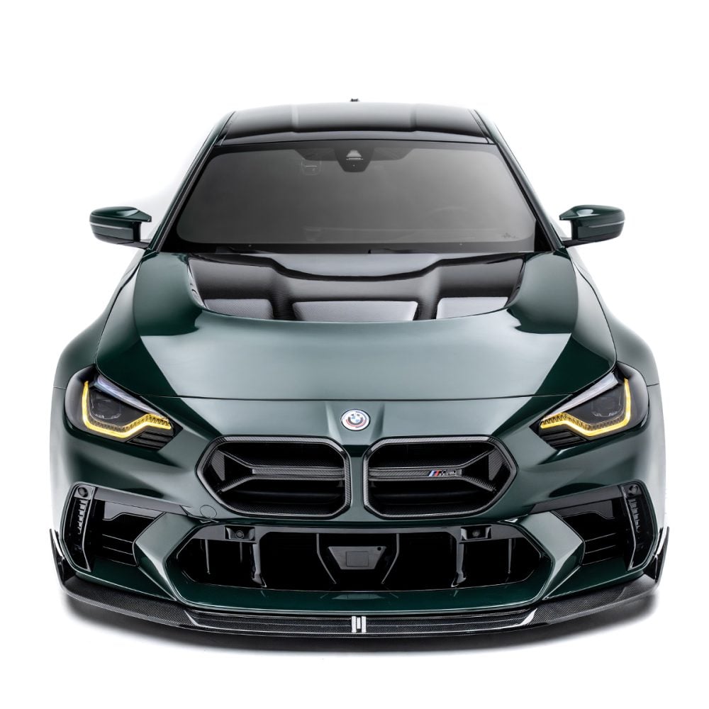 ADRO Carbon V2 Front Lip (for ADRO facelift front bumper) for G87 BMW M2 Installed on Green M2 - Upper Front View of Car