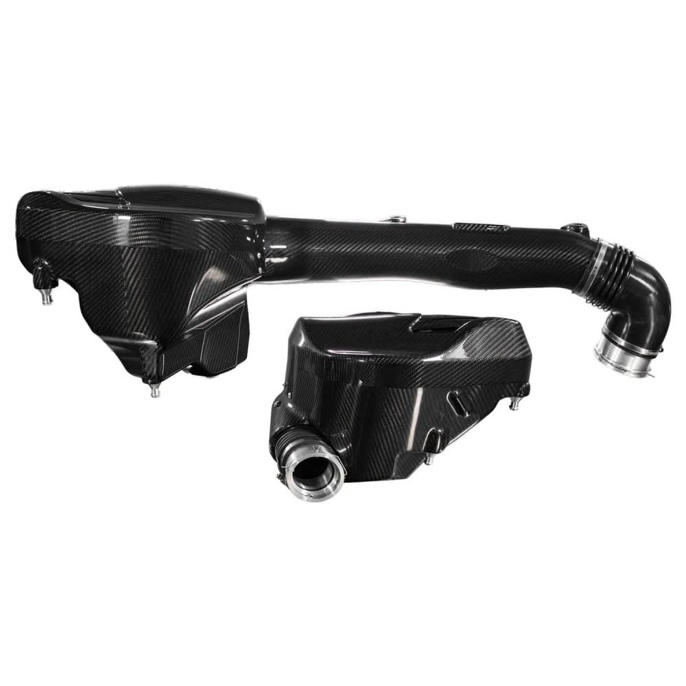 AWE Tuning Carbon S-FLO Intake System for G8x BMW M2 / M3 / M4 - Front Side View of Airboxes with Tube Connected