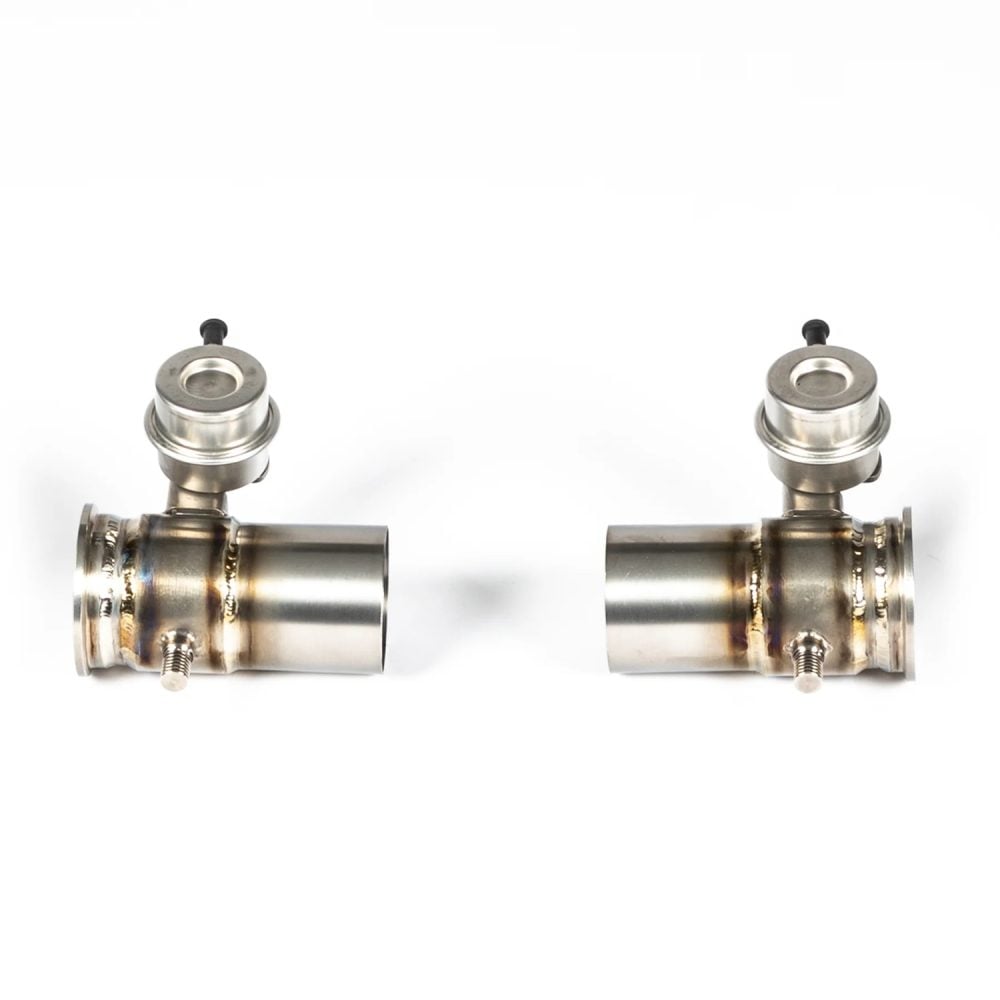 JCR Titanium Side Silencer Bypass Valve Sections for 997 / 991 Porsche 911 GT3, GT3 RS, GT3 RS 4.0, GT3 Touring, and R - Front View of Sections