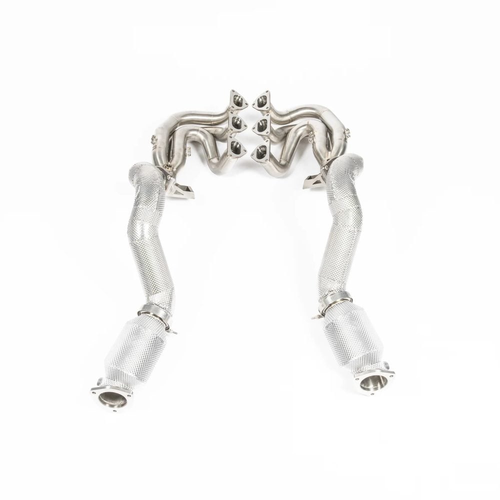 JCR Inconel Race Exhaust Manifold & Titanium Race-Silenced Link Pipe Assembly for 982 Porsche 718 Cayman GT4 RS / Spyder RS - Rear View of Assembly