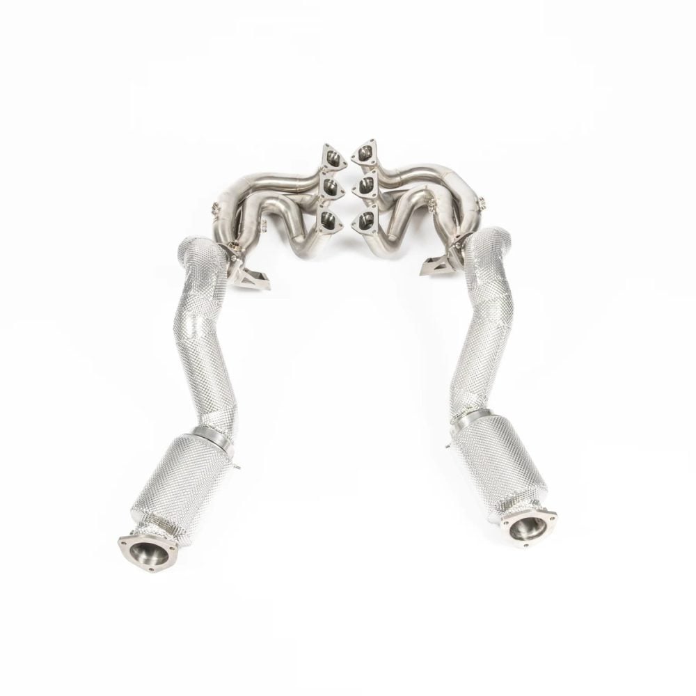 JCR Inconel Race Exhaust Manifold & Titanium Silenced Link Pipe Assembly for 982 Porsche 718 Cayman GT4 RS / Spyder RS - Rear View of Assembly