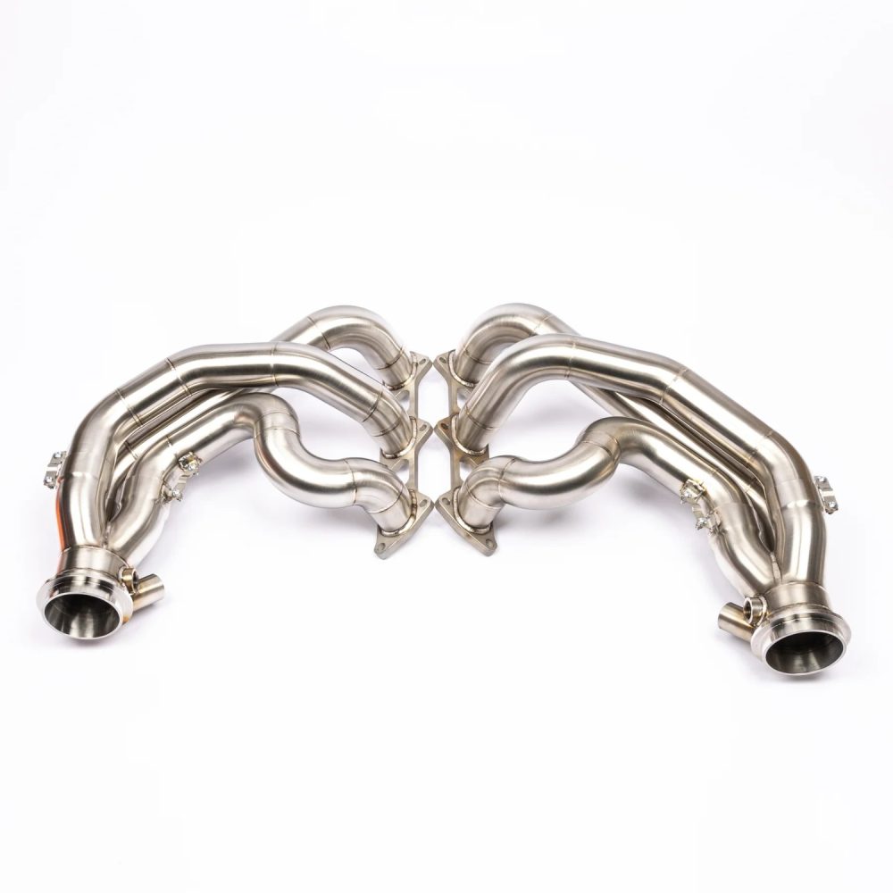 JCR Inconel Race Exhaust Manifolds for 991 Porsche 911 GT3, GT3 RS, GT3 Touring, and R - Lower Rear View of Manifolds