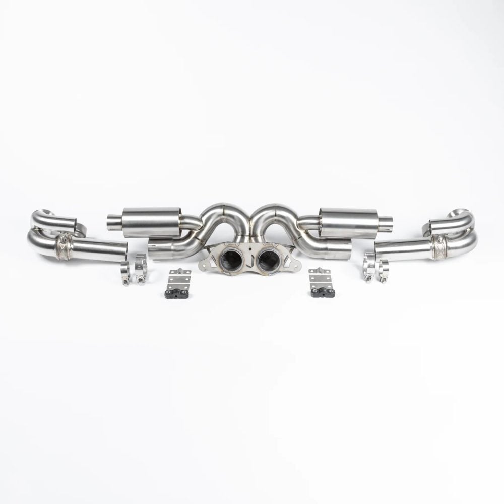 JCR Titanium Valved Superlight Race Exhaust System for 997 / 991 Porsche 911 GT3, GT3 RS, GT3 RS 4.0, GT3 Touring and R - Front View of System Exploded