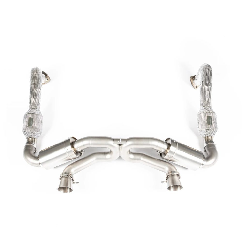 JCR Titanium Superlight Race Rear Silencer & Link Pipe Assembly for 982 Porsche 718 Boxster GTS 4.0 and Spyder / 718 Cayman GT4 and GTS 4.0 - Silenced Rear Silencer / Silenced Link Pipes / Polished Megaphone Tips