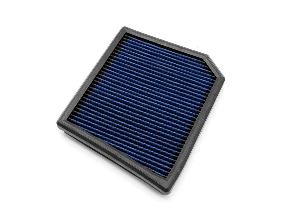MMX Blue Cotton Replacement Panel Air Filter for F4x BMW 128ti, M135i, and M235i | F5x MINI Cooper S, JCW, and JCW GP Models (with B48 and B48E engines) - Upper Front Side View of Filter
