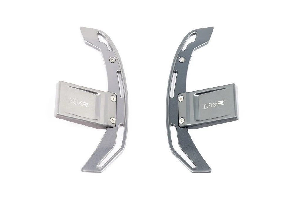 MMX Billet Aluminum Shift Paddles for BMW E-Chassis and F-Chassis Models (with M-Performance steering wheel) - Titanium Silver [left] and Dark Anthracite Grey [right] Paddles