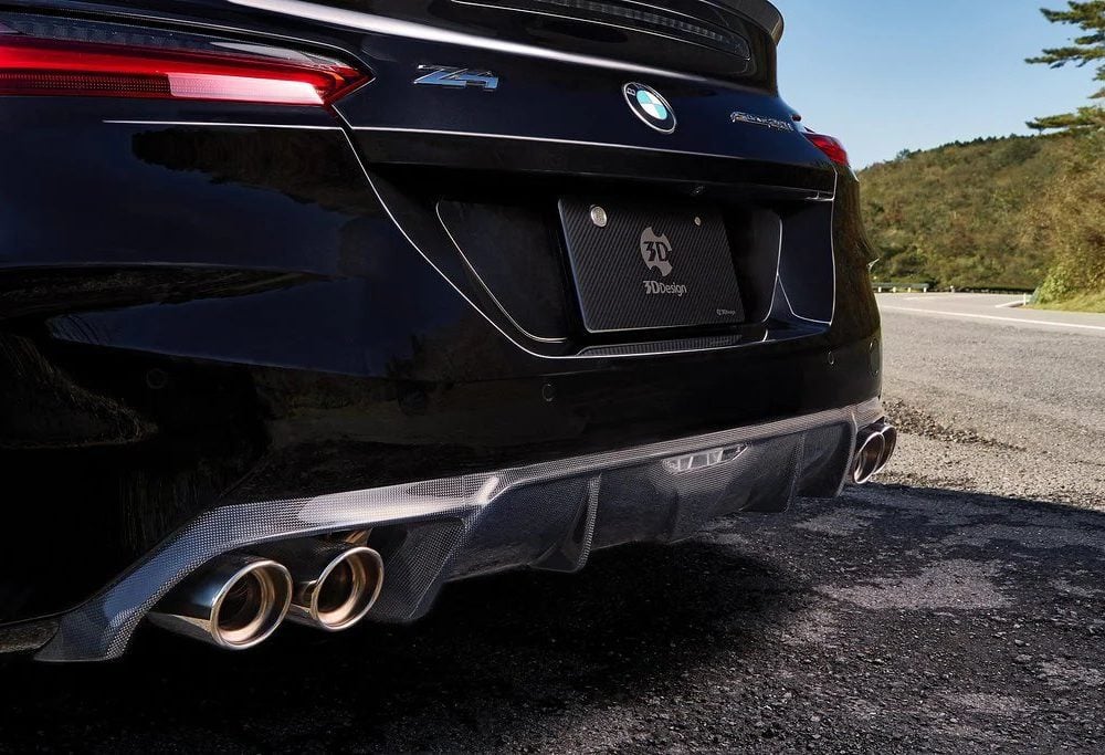 3DDesign Quad Tip Carbon Rear Diffuser for G29 BMW Z4 20i M Sport Installed - Rear View Close Left Side View