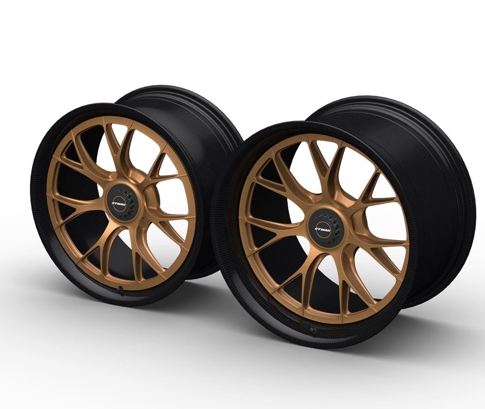 DYMAG HALO-X Carbon Hybrid Wheel Set for 992.1 Porsche 911 GT3 RS with Satin Neodyme Center Piece - Front Side View of Front & Rear Wheel