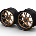 DYMAG HALO-X Carbon Hybrid Wheel Set for 992.1 Porsche 911 GT3 RS with Satin Neodyme Center Piece - Front Side View of Front & Rear Wheel