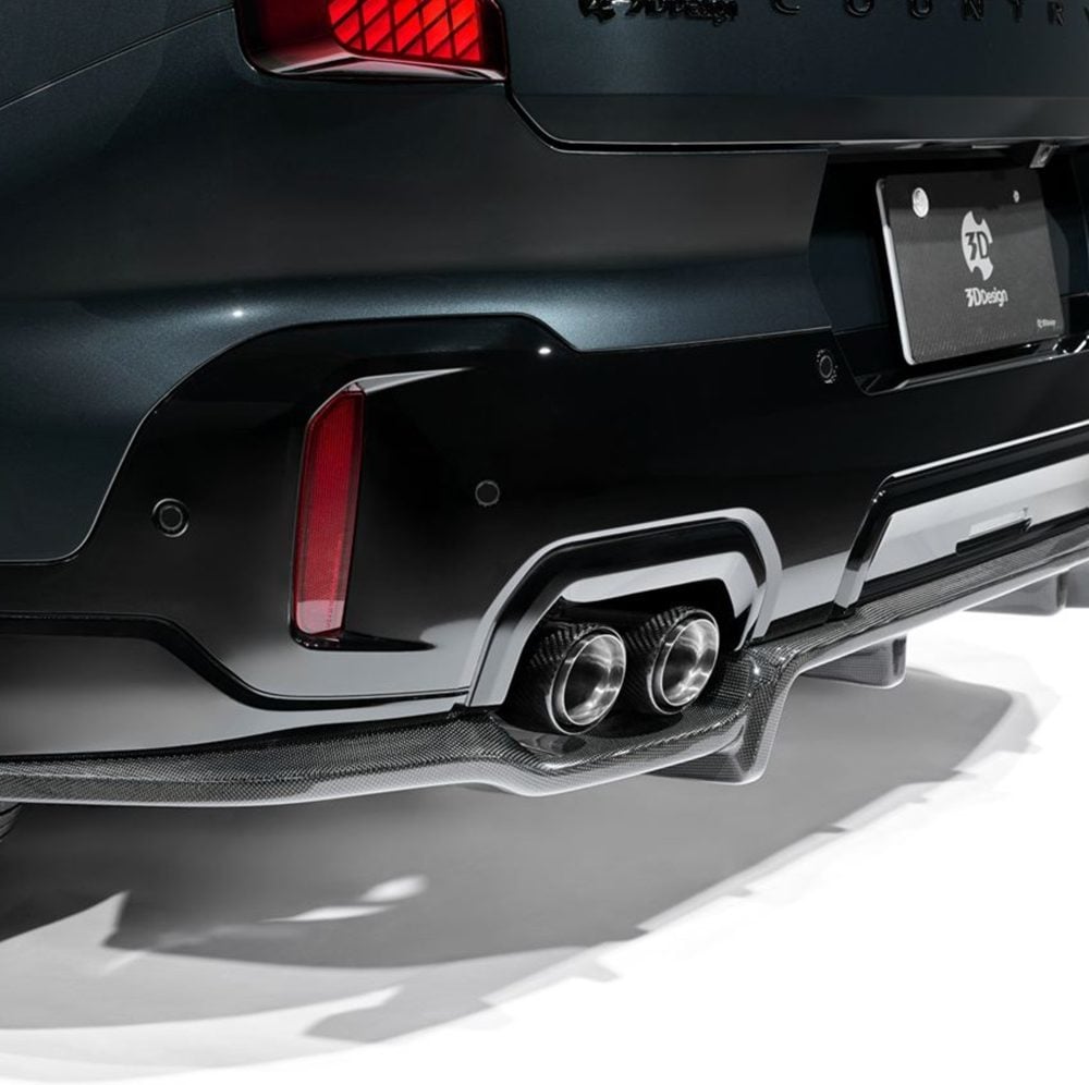 3DDesign Carbon Rear Diffuser for U25 MINI Countryman JCW Installed on Dark Grey Countryman JCW - Close Rear Side View of Diffuser