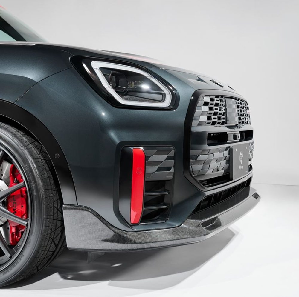 3DDesign Carbon Front Lip Spoiler for U25 MINI Countryman JCW Installed on Dark Grey Countryman JCW - Close Front Side View of Front Bumper