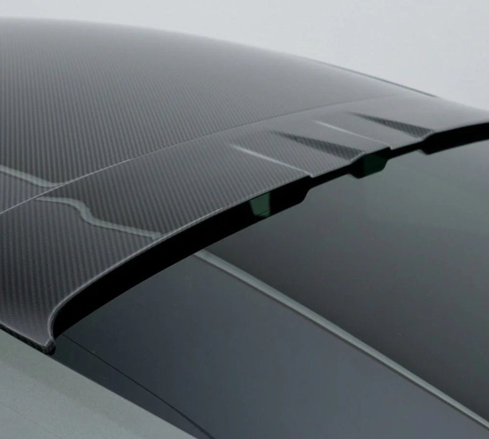 TECHART Carbon Roof Spoiler for 992 Porsche 911 (coupe models) Installed on Grey 911 - Close View of Spoiler
