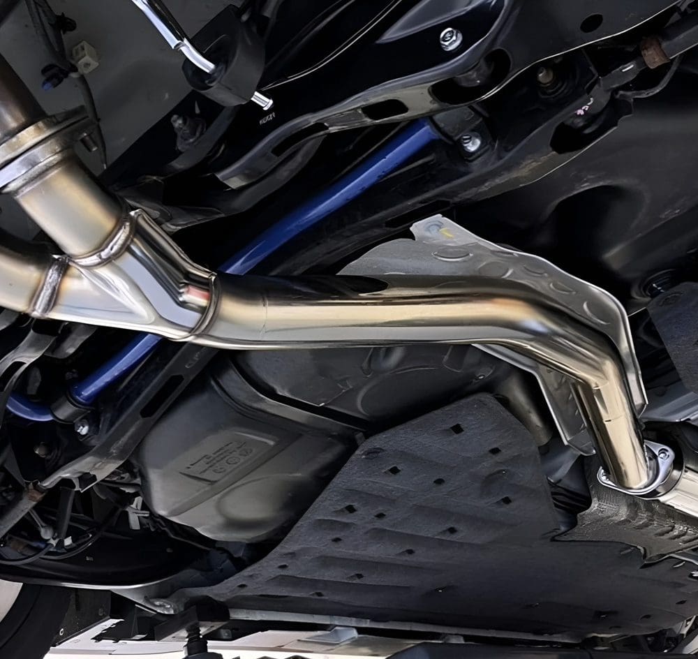 J’s Racing 70RS Stainless Exhaust System for FL5 Honda Civic Type R - Close Underside View of System