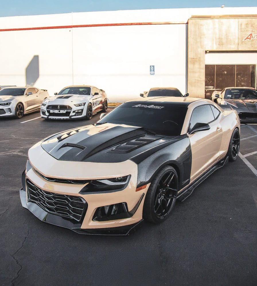 Auto Addict Carbon Terminator GT Hood for G5 Chevrolet Camaro Installed on Tan Camaro - Front Side View of Car