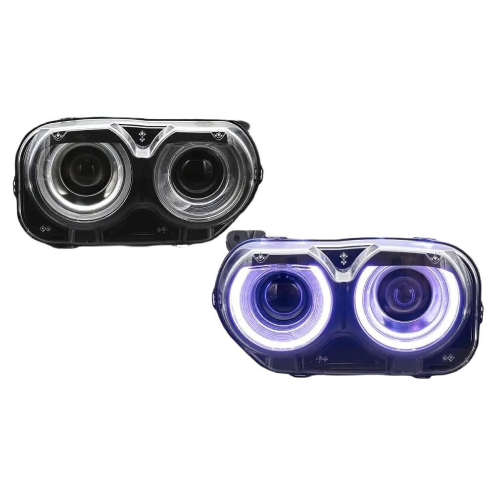 Auto Addict OEM Replica Headlights w/ RGB Color Change for LA Dodge Challenger (facelift) - Front View of Pair