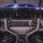 Capristo G87 M2 ECE Valved Exhaust, Installed on Car on Blue M2 - Close Rear Under View of Rear Section
