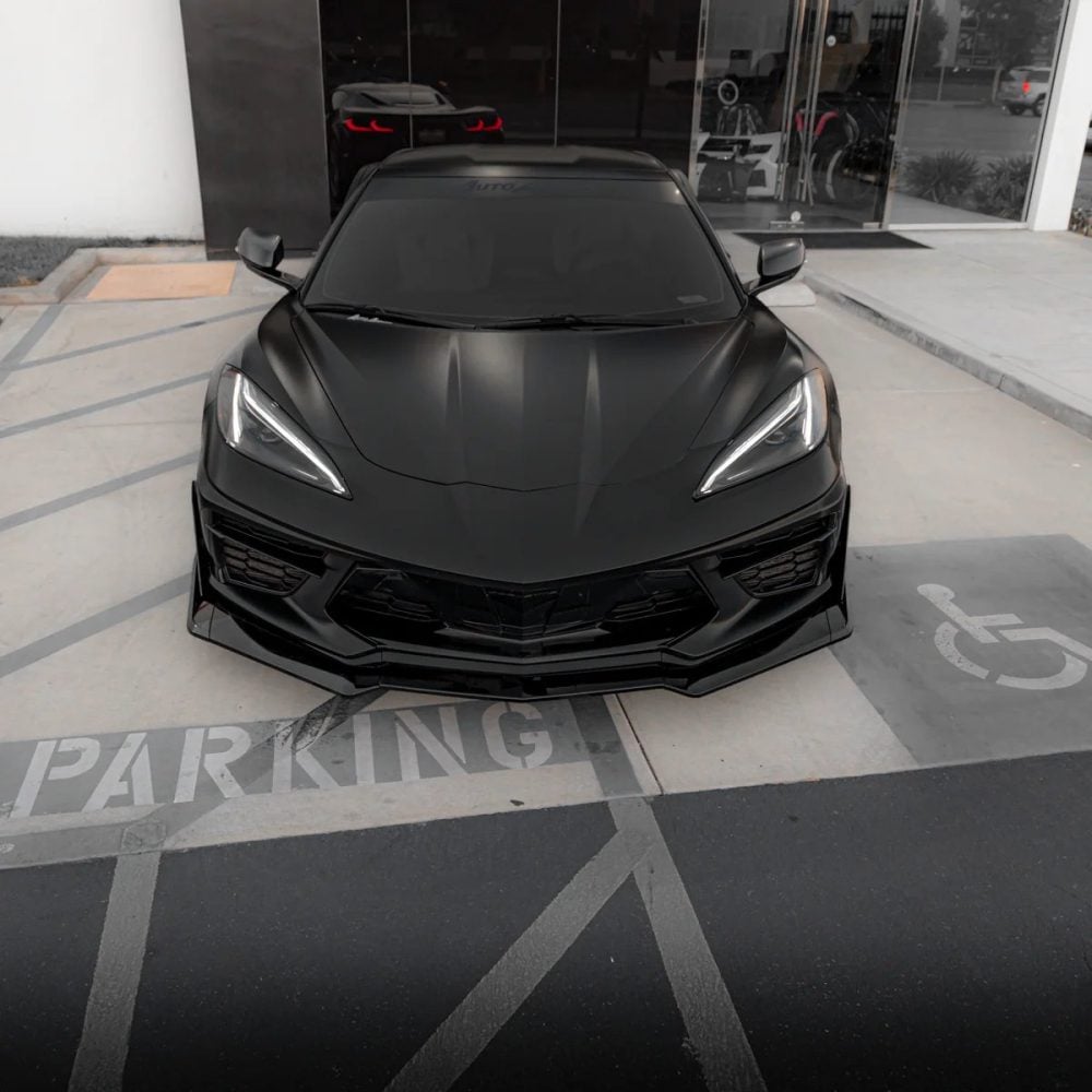 Auto Addict Aero Bundle for C8 Chevrolet Corvette Stingray Installed on Black C8 without Rear Spoiler - Upper Front View of Car