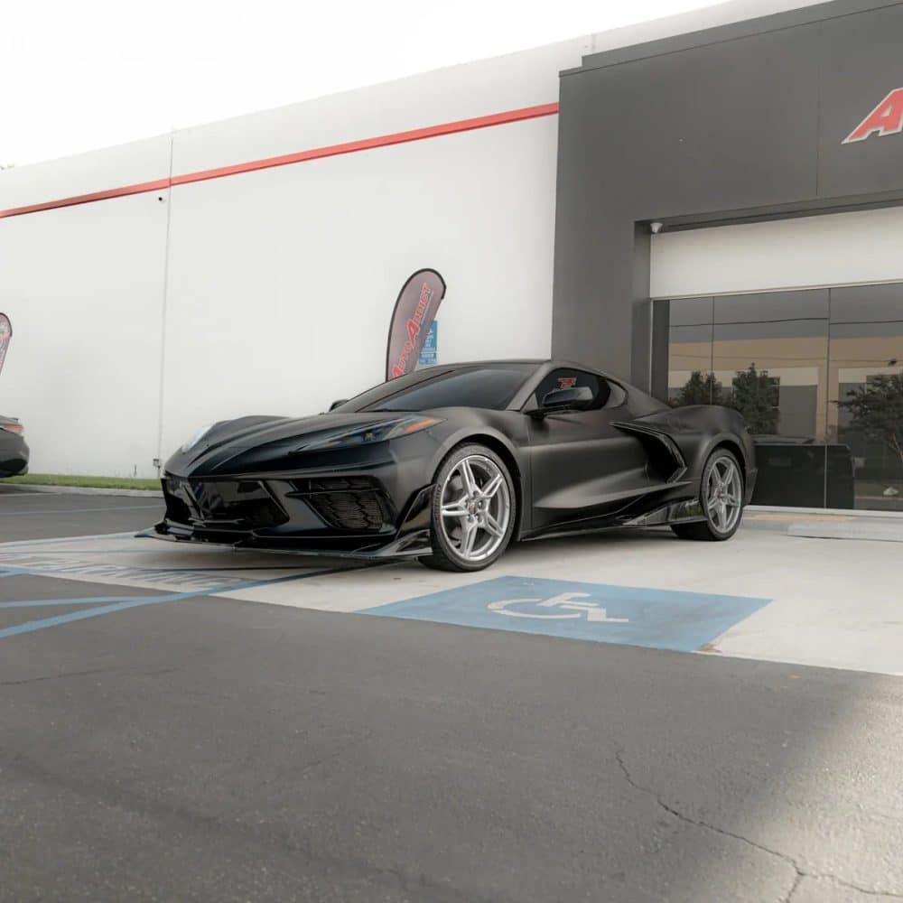 Auto Addict Aero Bundle for C8 Chevrolet Corvette Stingray Installed on Black C8 without Rear Spoiler - Front Side View of Car