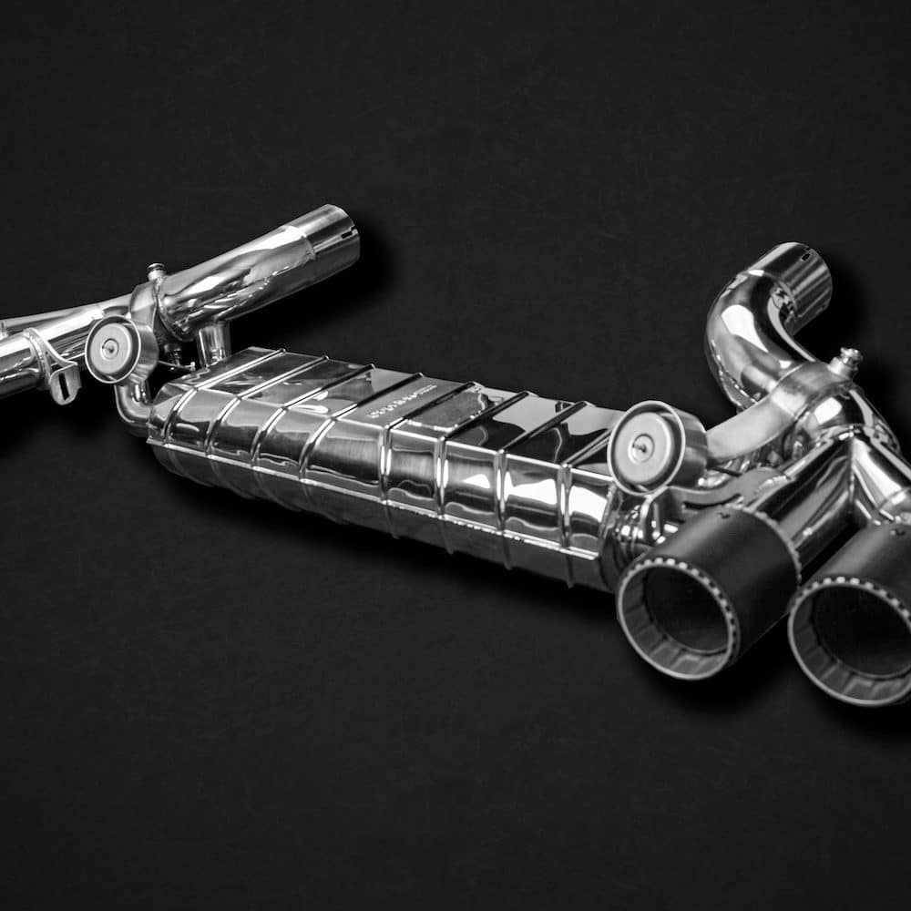 Capristo Valved Exhaust w/ 200 cell OPF Pre-Silencer Spares & Wicrom Tips (CES3) for F90 BMW M5 Competition (Facelift) - Front Side View