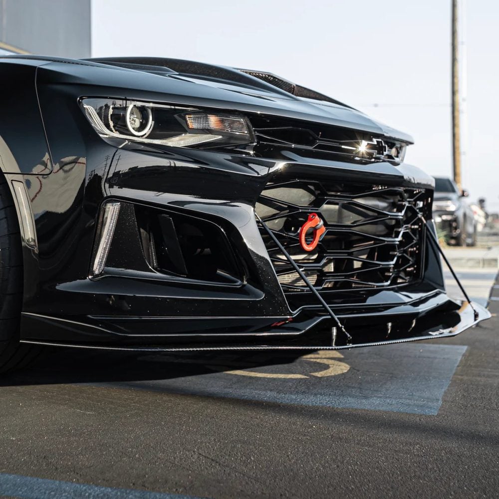 Auto Addict Carbon Extension Splitter w/ Rods for 6th Gen Chevrolet Camaro ZL1 and ZL1 1LE Installed on Black ZL1 - Close Front Side View of Bumper