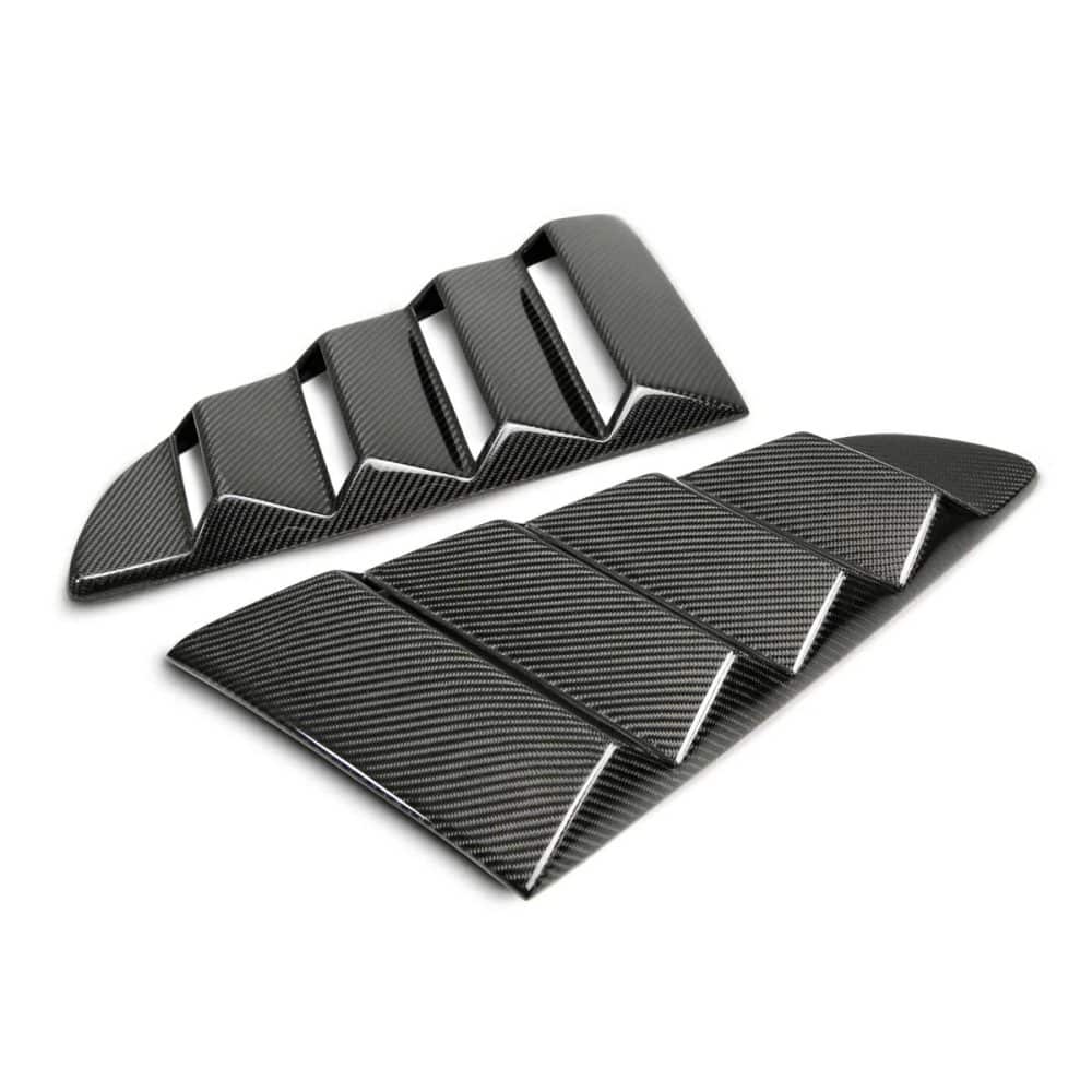 Auto Addict Carbon Type-V Vented Side Window Louvers for S550 Ford Mustang EcoBoost, GT, Shelby Models, and V6 - Front and Rear Side View of Pair